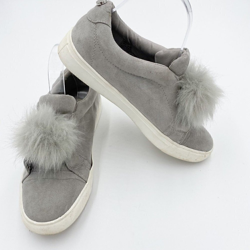 Steve Madden Jaeda Women's Sz 7 Gray Suede Pom Pom Slip-On Platform Sneaker